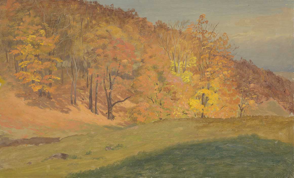  Vintage painting of a serene autumn landscape in soft brown and orange tones. 