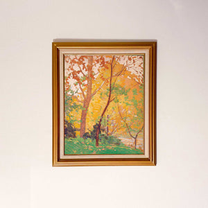 This art titled Mid Autumn depicts a sunny Autumn day. With vibrant warm hues ranging from green, yellows and oranges, it depicts the splendor of an afternoon in the with vibrant autumn leaves. 