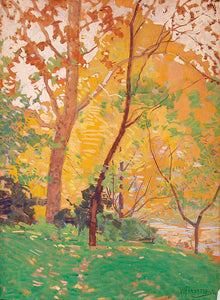 This art titled Mid Autumn depicts a sunny Autumn day. With vibrant warm hues ranging from green, yellows and oranges, it depicts the splendor of an afternoon in the with vibrant autumn leaves. 