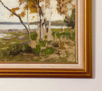 Load image into Gallery viewer, This art titled On the Shores of Autumn depicts an overcast Autumn day. With subdued tones ranging from green, browns and light blues, it depicts a stillness just before the sweeping birch lets loose it&#39;s leaves on the shores of the lake.
