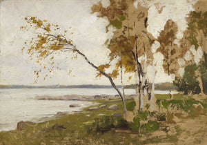 This art titled On the Shores of Autumn depicts an overcast Autumn day. With subdued tones ranging from green, browns and light blues, it depicts a stillness just before the sweeping birch lets loose it's leaves on the shores of the lake.