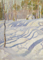 Load image into Gallery viewer, Shades of white, green, and gold depict a bright sunshine dancing through the trees casting dappled shadows on the snow drifts. 

