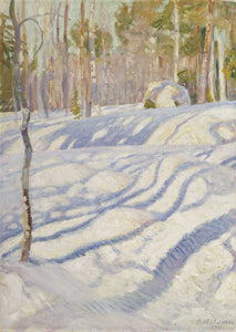 Shades of white, green, and gold depict a bright sunshine dancing through the trees casting dappled shadows on the snow drifts. 