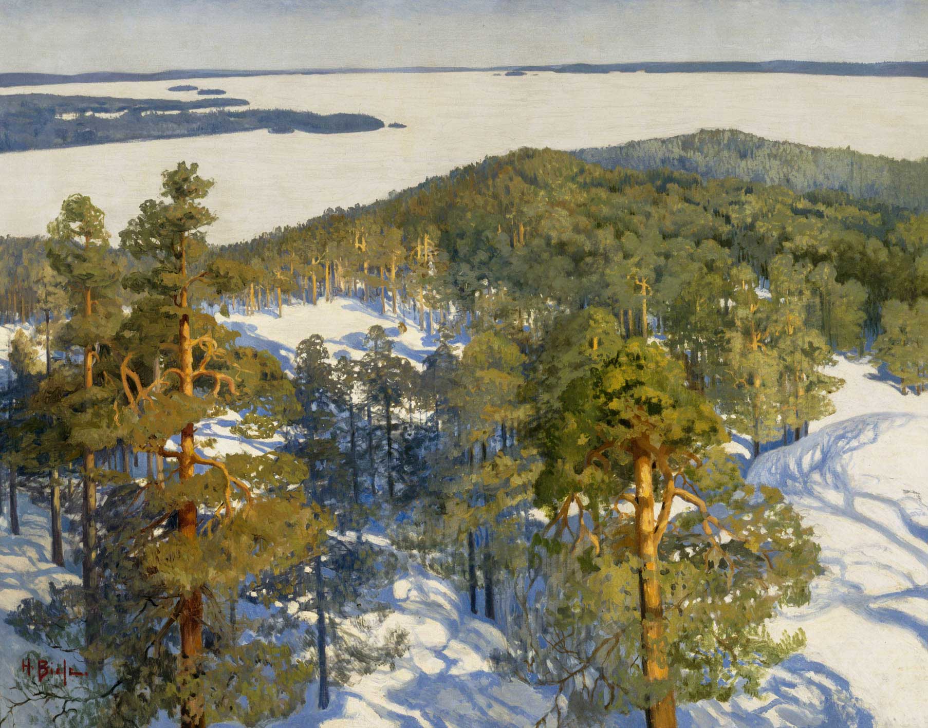 Set atop a mountain, gazing down at the white landscape below. View from the Ridge is a breathtaking painting of an evergreen forest high atop the ridge overlooking the lake below. 