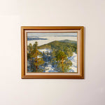 Load image into Gallery viewer, Set atop a mountain, gazing down at the white landscape below. View from the Ridge is a breathtaking painting of an evergreen forest high atop the ridge overlooking the lake below. 
