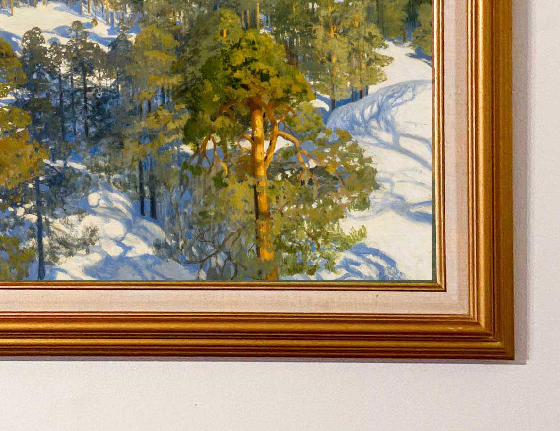 Set atop a mountain, gazing down at the white landscape below. View from the Ridge is a breathtaking painting of an evergreen forest high atop the ridge overlooking the lake below. 