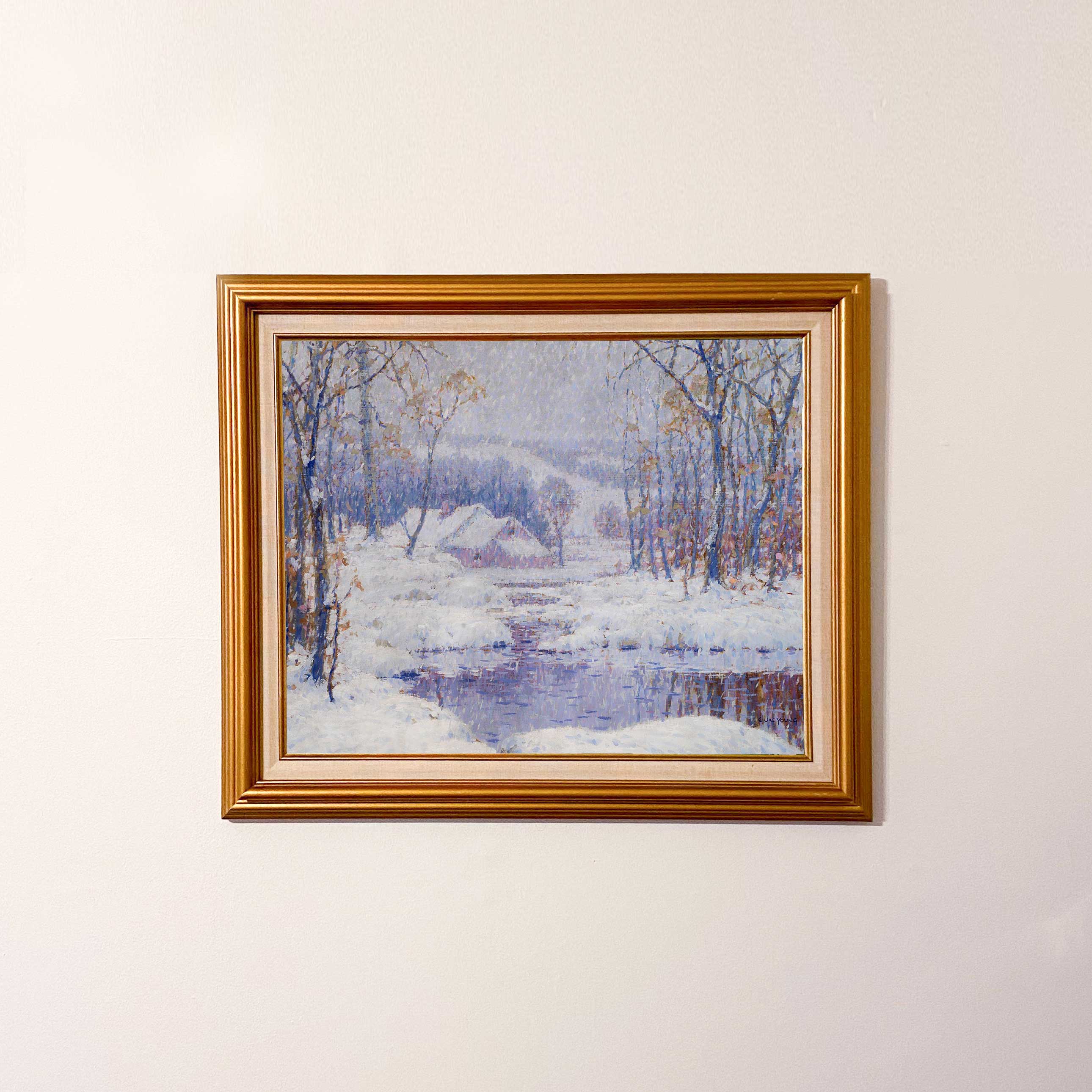 Capturing a quiet moment, this artwork takes one on a peaceful walk over the river, into wintry forest and towards a cozy farmhouse. 